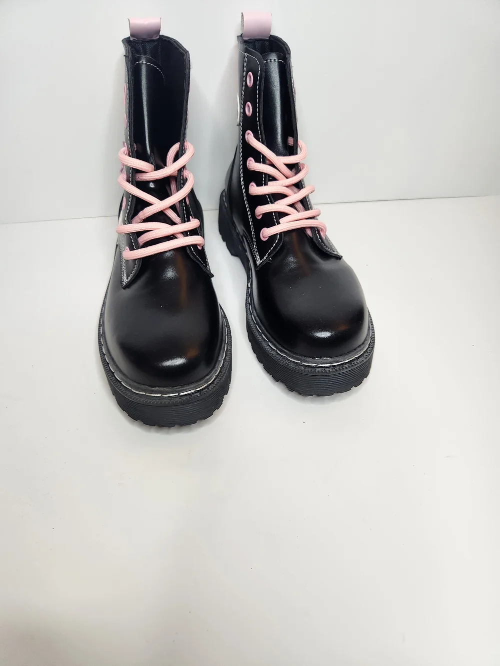 Kids Black Combat Boots with Pink Heart Accents
